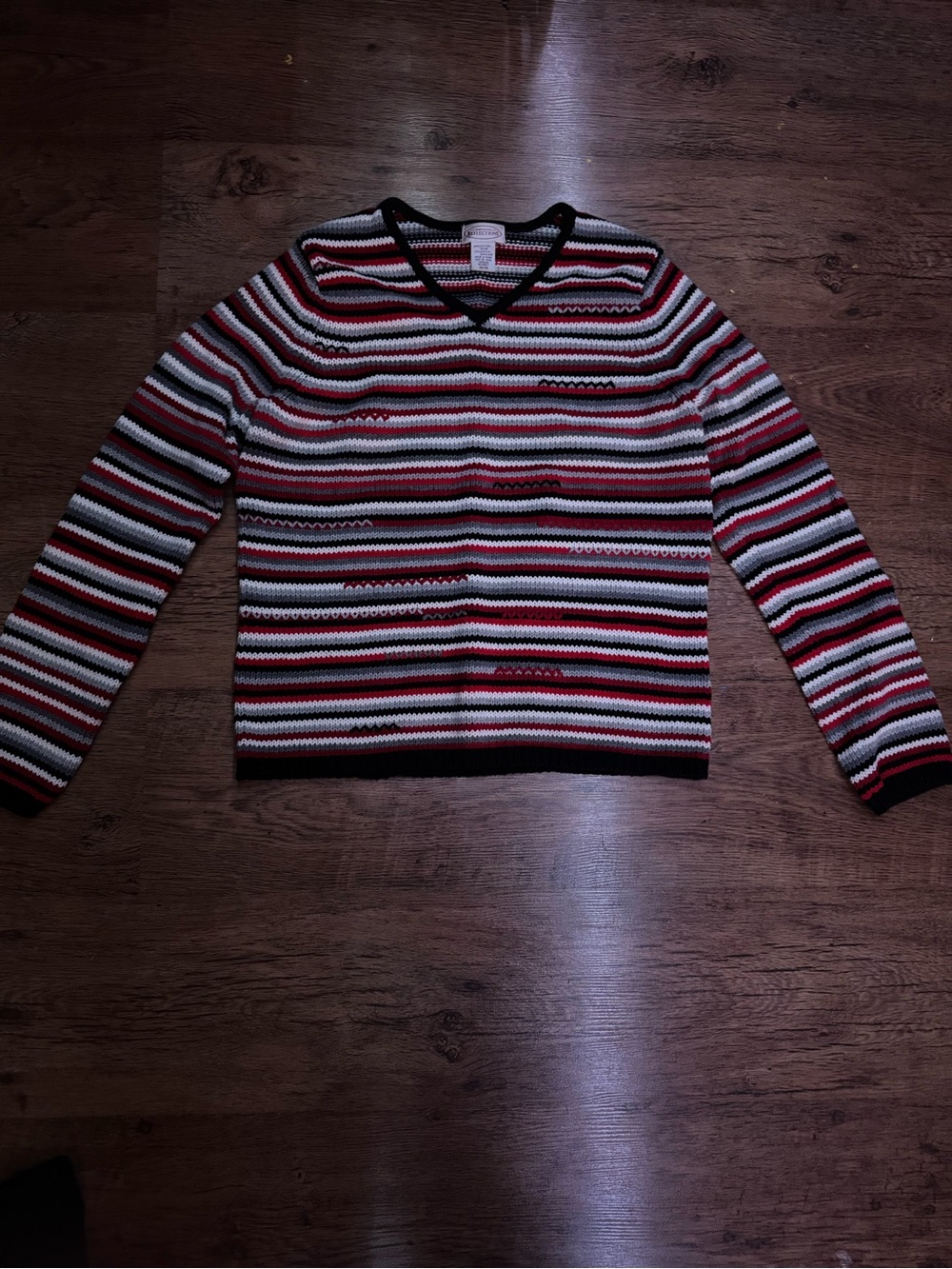 Northern Reflections Striped V-Neck Sweater in Red, Black & White